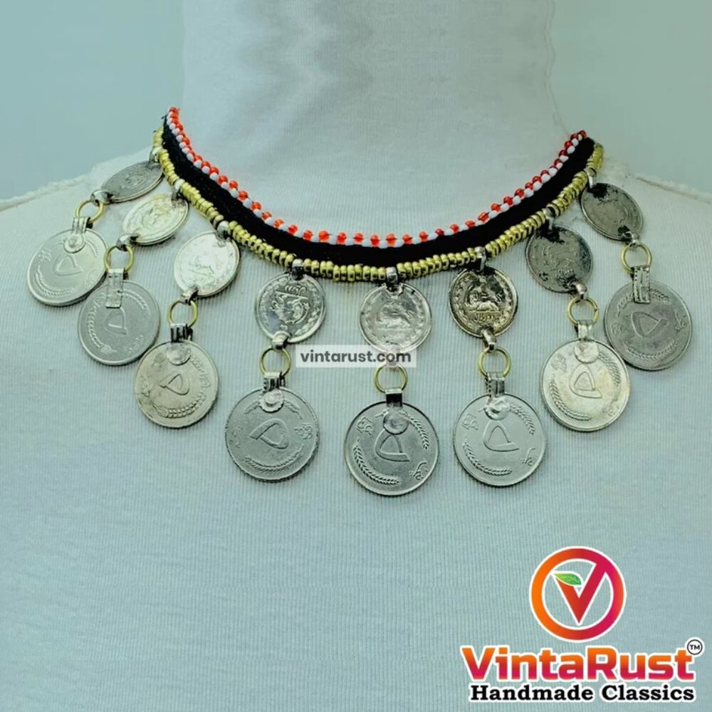 Dangling Coins Choker Necklace,Vintage Coins Choker Necklace, Statement Necklace